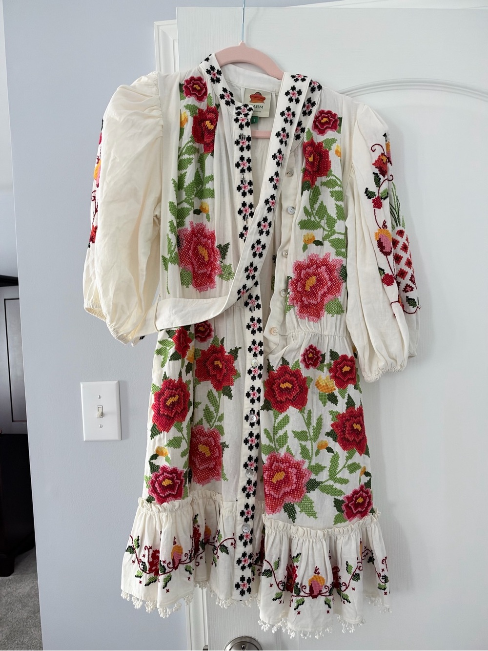 FARM Rio White Midi Dress with Red & Pink Floral Embroidery